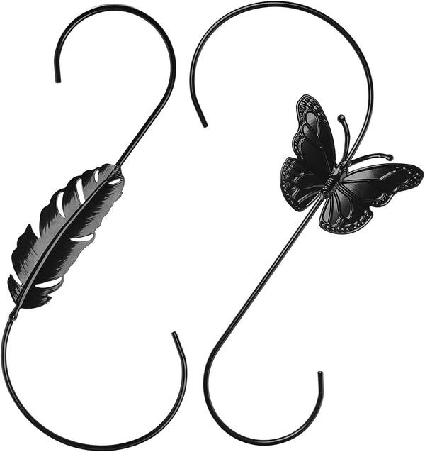 SAMHE™ [2 Pcs Set] 12'' Butterfly and Feather Metal Hooks for Bird Feeders, Flower Pots, Wind Chimes