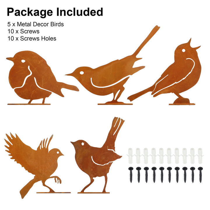 5 Pcs Metal Rusty Warbler Fence Decor