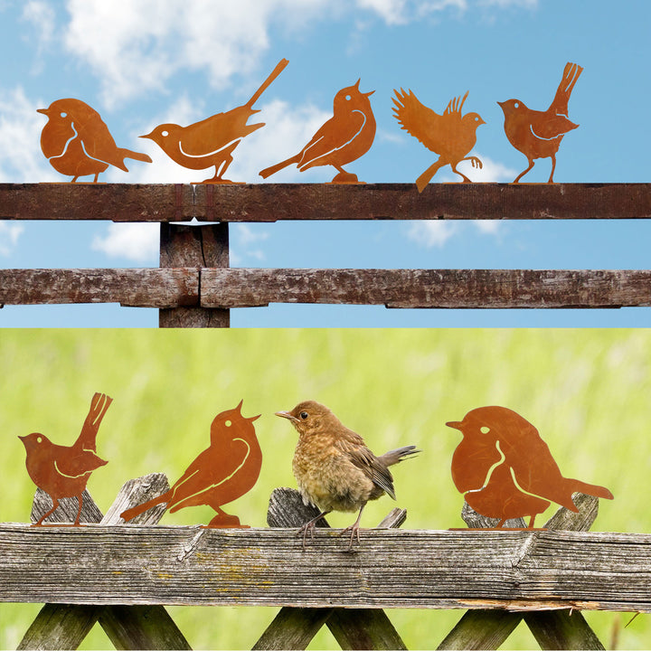 5 Pcs Metal Rusty Warbler Fence Decor