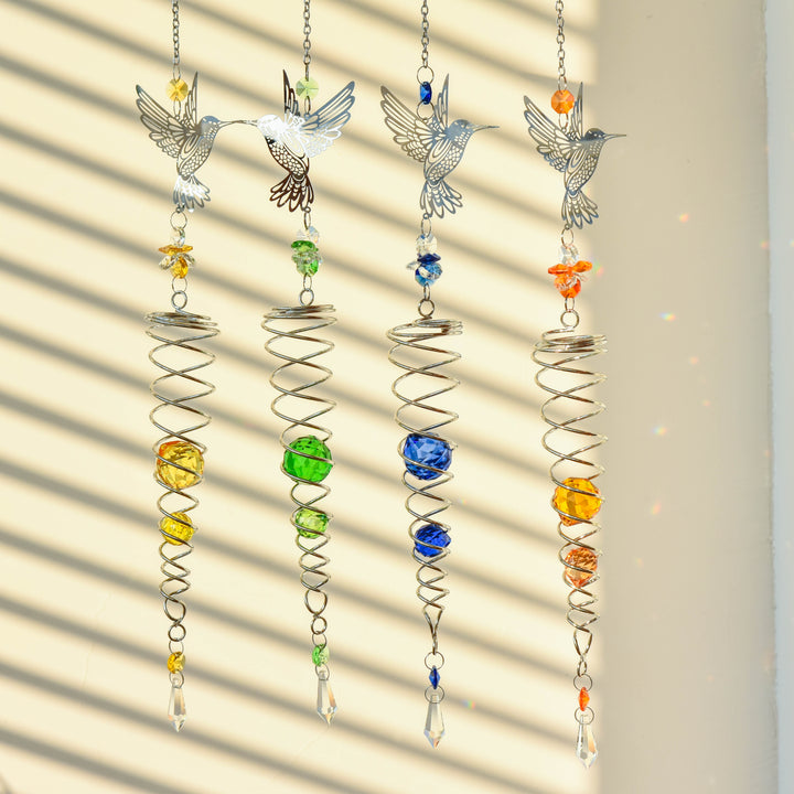 Spinning Metal Hummingbird Colorful Crystal Suncatcher Blue