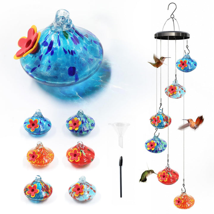 6 Pcs Set Charming Glass Wind Chimes Hummingbird Feeders
