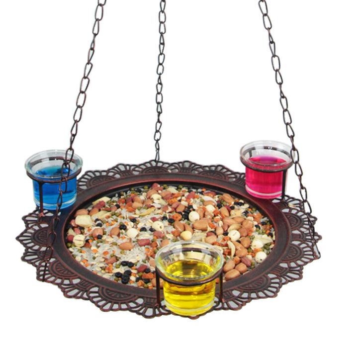 Metal Lace Seed Tray Bird Feeder with 3 Cups