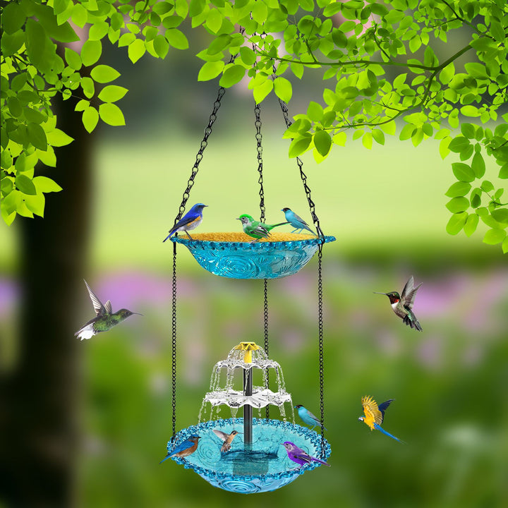 Double Layer Hanging Hummingbird Feeder & Bathtub With Fountain With Fountain