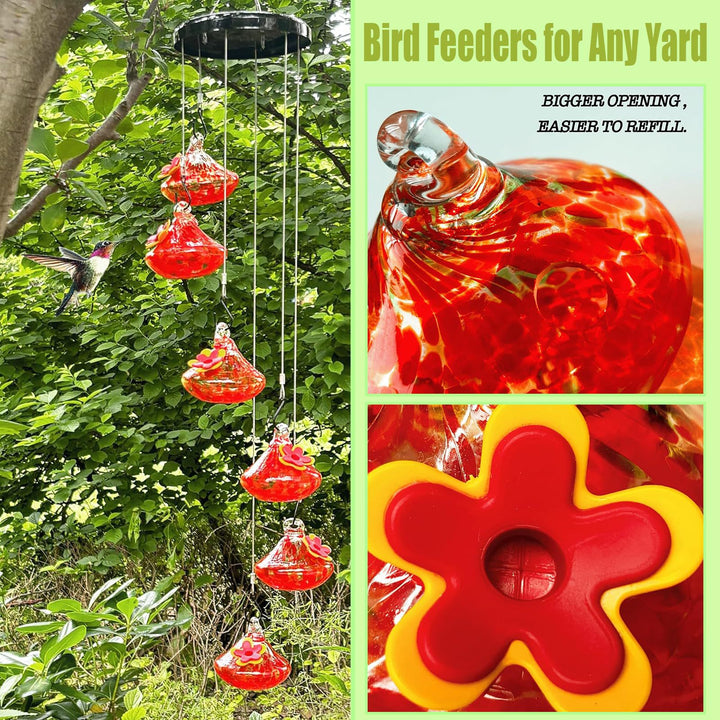 6 Pcs Set Charming Glass Wind Chimes Hummingbird Feeders