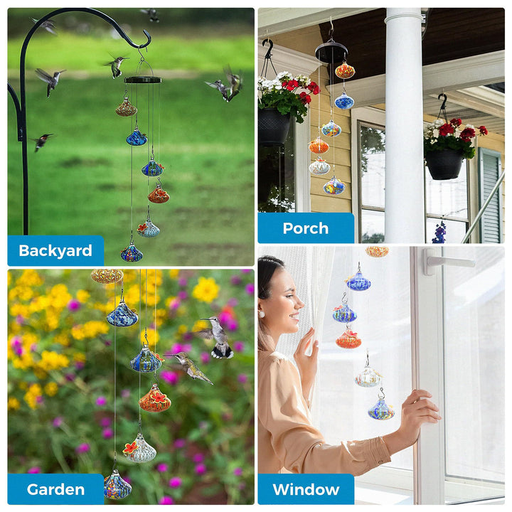 6 Pcs Set Charming Glass Wind Chimes Hummingbird Feeders