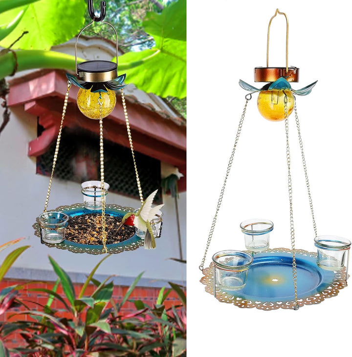 Solar Power Metal Hanging Bird Feeder With 3 Cups