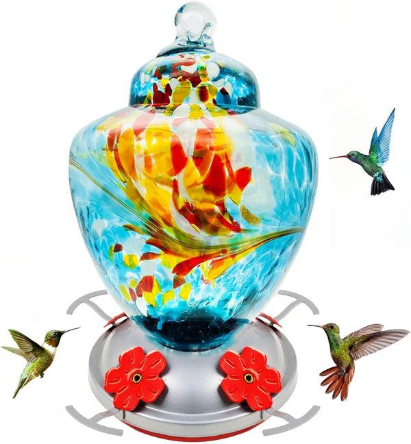 Colorful Hand Blown Glass Hummingbird Feeder