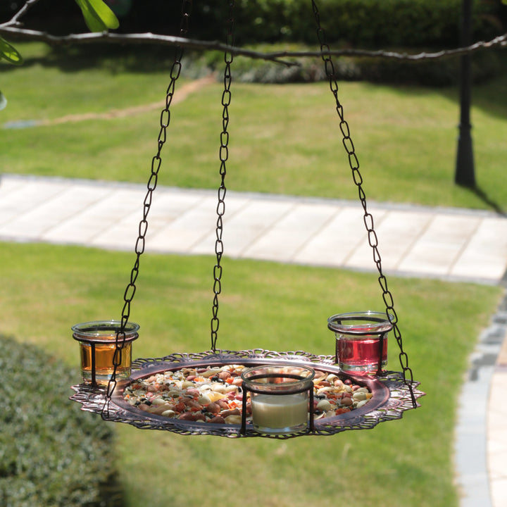Metal Lace Seed Tray Bird Feeder with 3 Cups