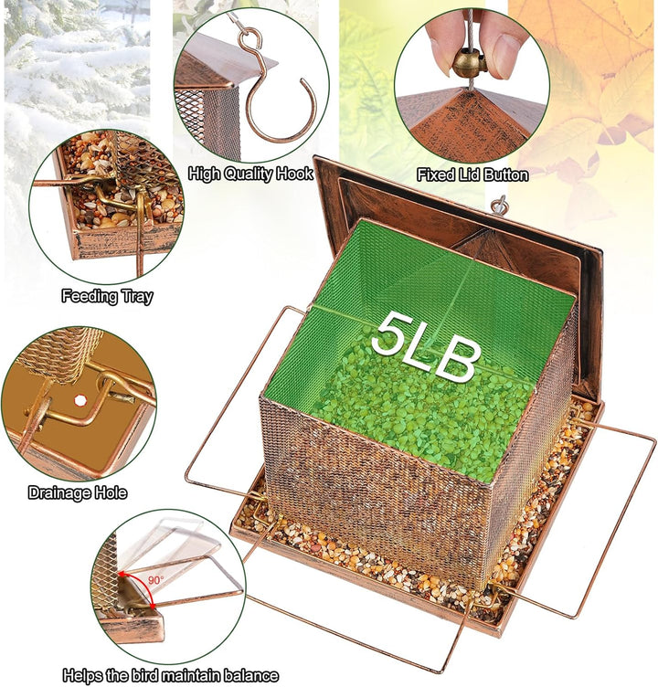 SAMHEOUTDOOR 3.5lb. & 5.0lb. Hanging Large Bronze Bird Feeder Extra Large 5.0lb. [9.4''x9.4''x7.3'']