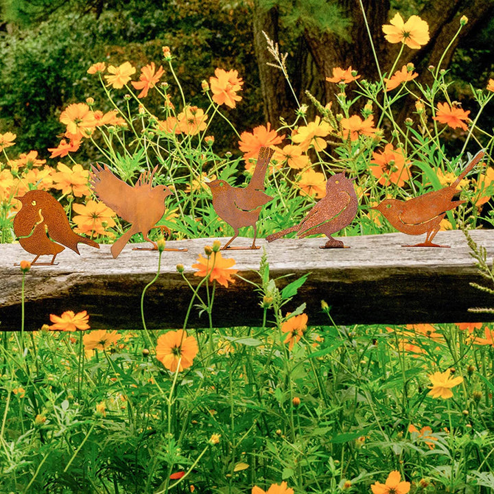 5 Pcs Metal Rusty Warbler Fence Decor