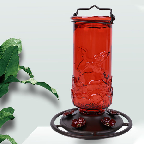 The Red Embossed Glass Hummingbird Feeder