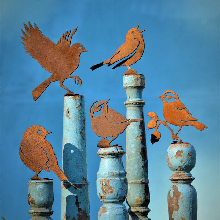 5 Pcs Metal Rusty Warbler Fence Decor