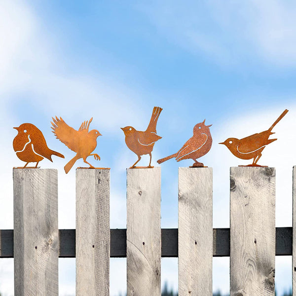5 Pcs Metal Rusty Warbler Fence Decor